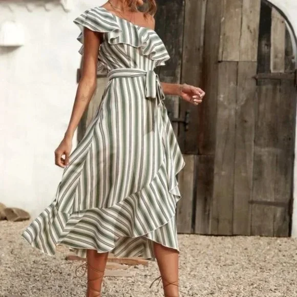Striped ruffle hem belted one shoulder midi dress Boho - Picture 2 of 6